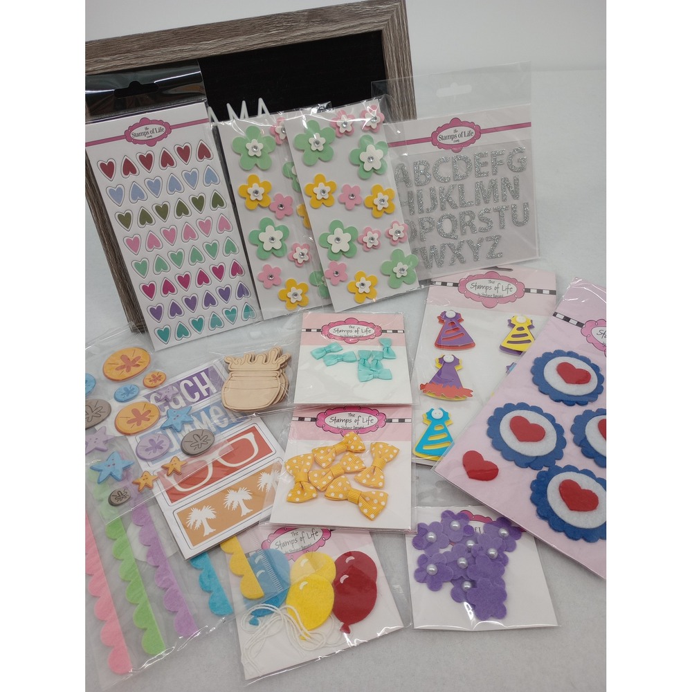 Stamps of Life Craft Embellishment Lot Multicolor Stickers Bows Felt Chipboard
